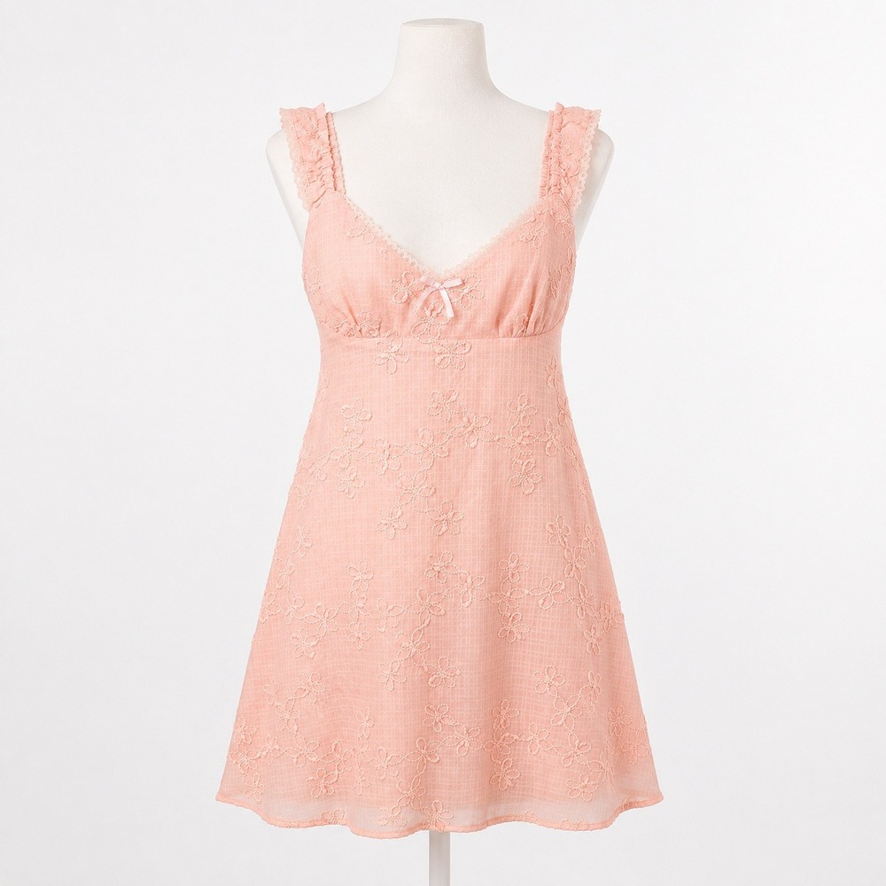 Floral Eyelet Lace Babydoll Mini Dress Sz S Pink Coquette Fairy Romantic Ruffle